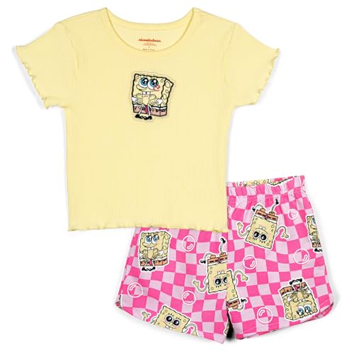 Image of SPONGEBOB SQUAREPANTS Girls Ribbed T-Shirt and French Terry Shorts Outfit Set Toddler to Big Kid Sizes (2T - 18-20)