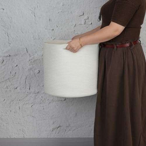 XUANGUO Cotton Rope Basket For Girls Boys Kids 16”X14” Baby Laundry Baskets Nursery Bin Round Woven Basket Organizer For Storage Toys Blankets Shoes Clothes white - Thumbnail 3