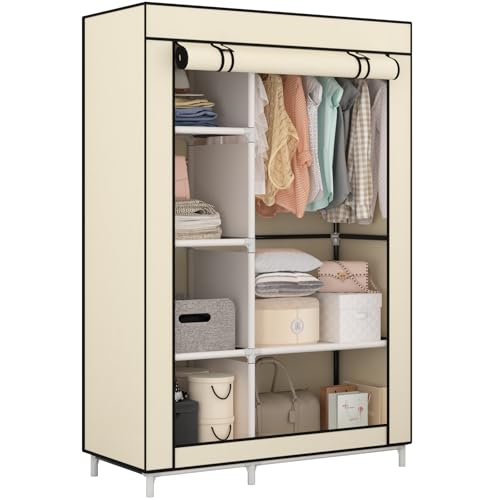 Calmootey Portable Closet Organizers, Clothing Storage, Wardrobe with 6 Shelves and Hanging Rod, Non-Woven Fabric Cover with 4 Side Pockets, Beige