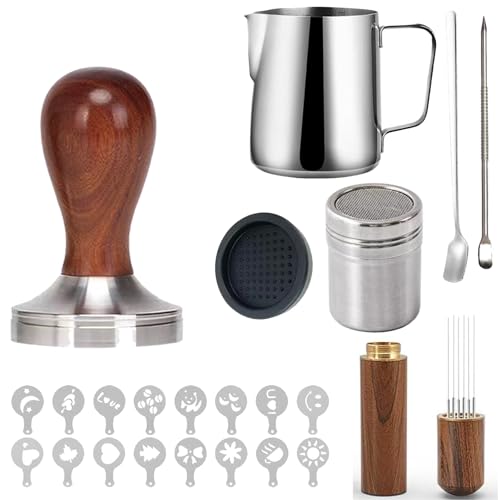 Habwah 23 PCS Coffee Tamper Set, Coffee Accessories Barista Set, with Espresso Tamper 51mm, Espresso Coffee Stirrer, Milk Jug, Tamper Mat, Latte Art Pen and 16 Decorative Stencils