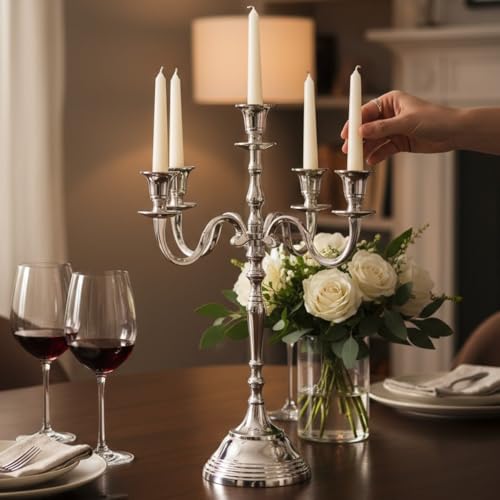 Image of Decorative Aluminum Vintage 5-Arm German Silver Candelabra Candle Holder - Elegant Metal Table Centerpiece for Home, Wedding, Party & Dining Room Decor