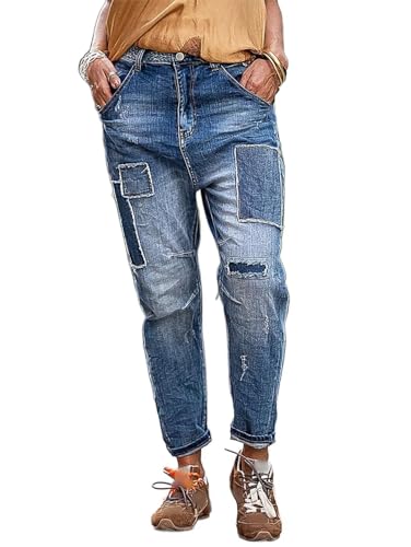 Flamingals Barrel Legs Straight Leg Mid Rise Casual Wash Ripped Patched Denim Jeans