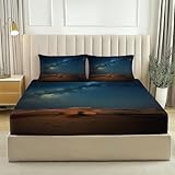 sábana Ajustable Vista Nocturna de la Vía Láctea del Desierto Sabana Microfibra Suave 180 x 200 cm para Colchón de 30cm de Altura -Elástico en el Borde Marrón Azul Oscuro