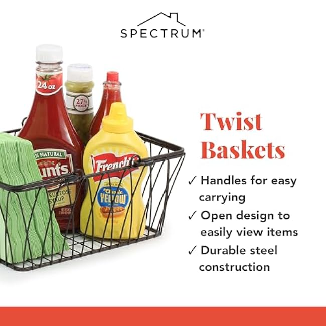 Spectrum Twist Wire Basket for Organizing (Medium, Black) - Sturdy Farmhouse Pantry Basket Storage with Handles - Wire Storage Basket Organizer for Kitchen, Shelf, Closet, Bathroom & More