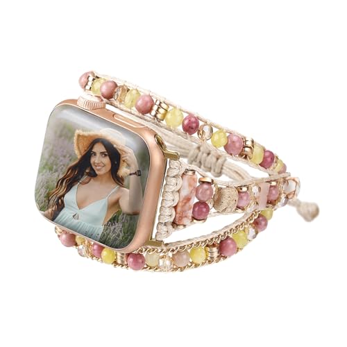 Fivoilin Boho Beaded Bracelet Compatible with Apple Watch Band 38mm 40mm 41mm Women, Handmade Natural Stone Braided Apple Watch Strap for iWatch Band Series 10 9 8 7 6 5 4 3 2 1 SE Ultra 2 - Pink02