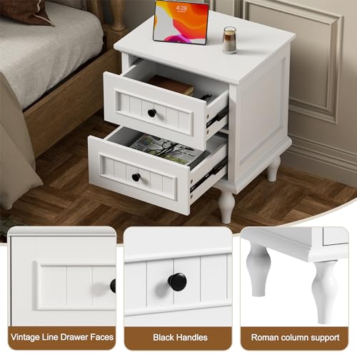 Image of Scurrty Vintage Nightstand Set of 2, Antique Style End Table with 2 Drawers, Taller Nightstand for Bedroom, Side Table for Bedroom (White)