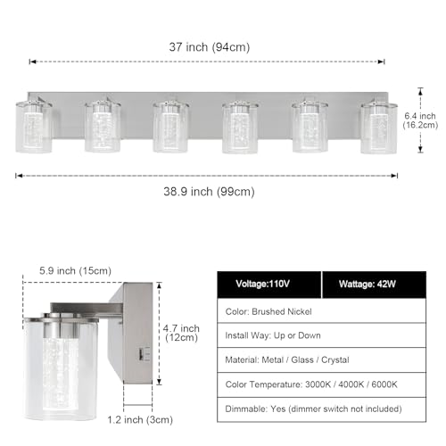 Image of SineRise Bathroom Vanity Light with 3 Color Modes (3000K /4000K /6000K), Eye Protection LED Bathroom Light Fixture, Dimmable Modern Wall Light Over Mirror with Clear Glass Shade (Nickel, 6-Light)