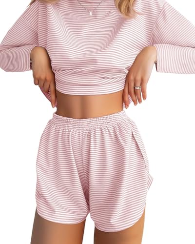 JUSTFASHIONNOW Womens Pajama Sets Striped Two Piece Lounge Sets Long Sleeve Top and Split Shorts Print Sleepwear Comfy Pjs