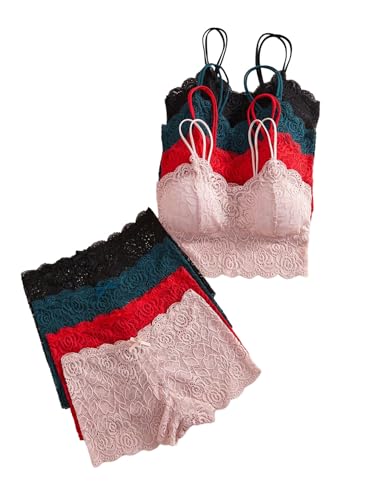Image of Verdusa Women's Lingerie Sets 6 Piece Lace Bow Floral Underwear Bras Wireless Padded Bra and Panty Set