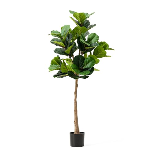 Glitzhome Artificial Tree 5ft Tall Fake Potted Fiddle Leaf Fig Tree with Planter for Modern Home Office Living Room Floor Decor Indoor Outdoor