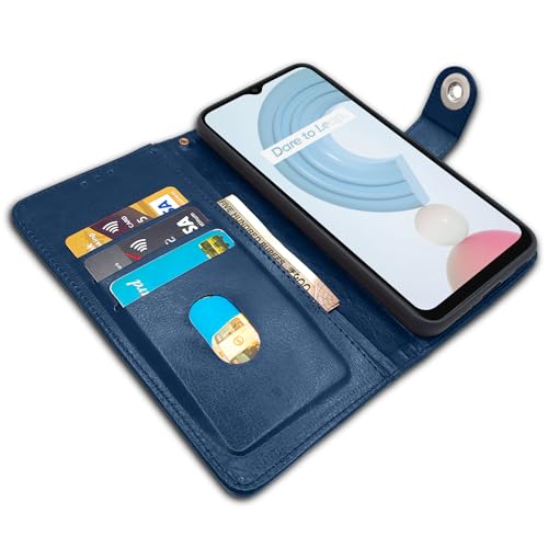 Image of Pikkme Realme C21y Flip Cover Leather Finish | Inside TPU with Card Pockets | Wallet Stand and Shock Proof | Complete Protection Button Flip Case (Blue)