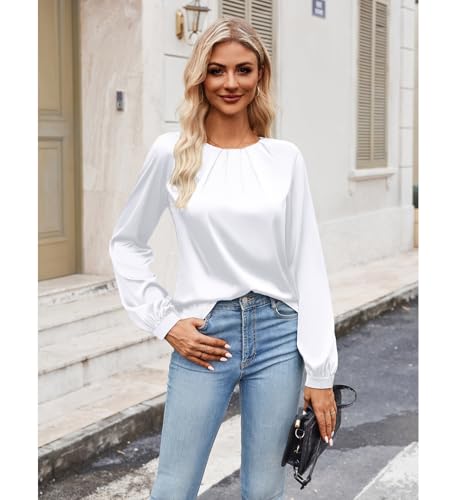 Bluetime Women's Silk Dressy Casual Business Blouse Pleated Long Sleeve Shirts Satin Office Work Tops Fall Outfits4