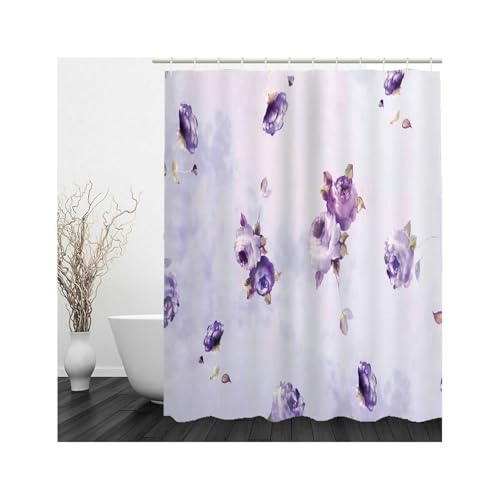 Rideau de douche violet lavable en machine, textile polyester imperméable avec crochets