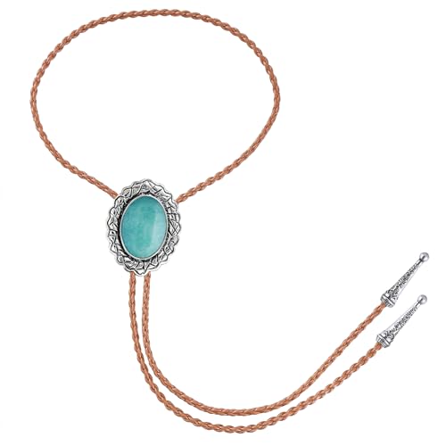Image of Jeilwiy Bolo Tie for Men Real Stone Westwern Cowboy Ties Silver Bolos Women Leather Necktie Gift for Birthday Christmas