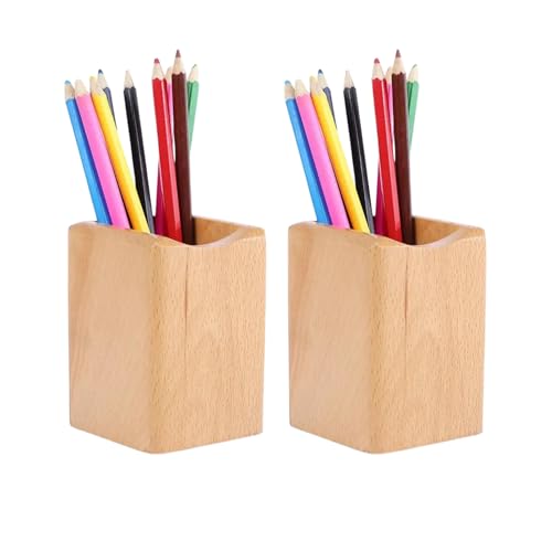 SHOPUKASA 2 Pack Wood Pen Pencil Holder Stand Multi Purpose Natural Wood Pencil Cup Pot Desk Organizer Storage Box (2 Pack Beech Color)