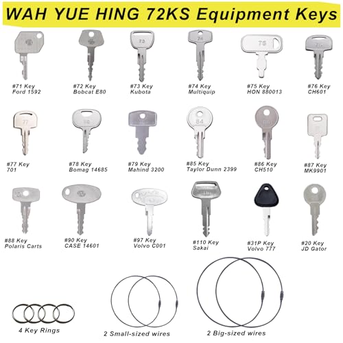 Image of Multi Type Heavy Equipment Master Keys, 72 Contractor Excavator Dozer Skid Steer Loader Forklift Roller Operators Keys Fit Case JCB Kubota KOM Volvo CAT JLG Hyster Hitachi John Deere JD