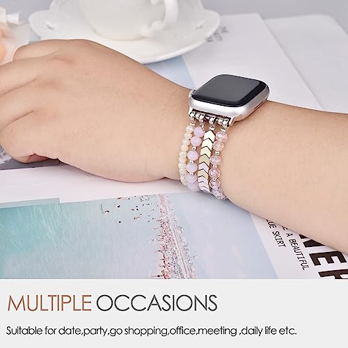 Image of MOFREE Beaded Bracelet Compatible with Apple Watch Band 38mm /40mm /41mm /42mm, Fashion Elastic Stretch Women Bands for iWatch Series 11 /10 /9 /8 /7 /SE /6 /5 /4 /3 /2 /1 iPhone Watch Strap Bands Pink