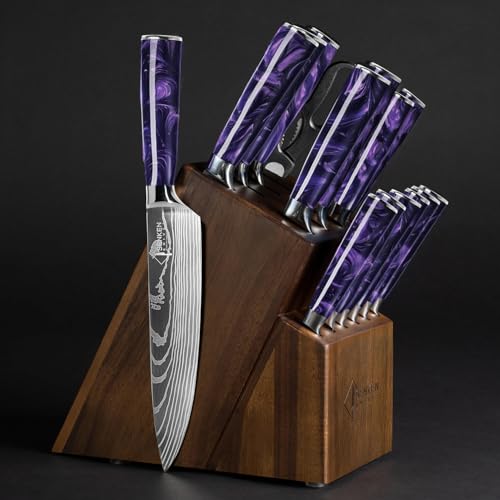 SENKEN 16-Piece Kitchen Knife Block Set - Japanese Chef's Knife Set with Laser Damascus Pattern, Includes 6 Steak Knives and Smoothly-Finished Acacia Hardwood Knife Block (Purple Resin Handles)