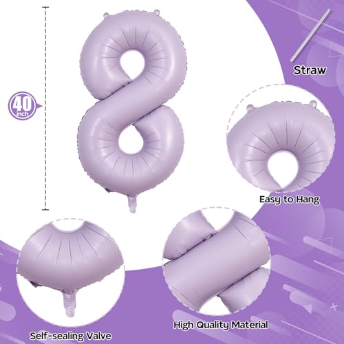 Image of Light Purple Number 8 Balloons, 40 Inch Giant Dusty Pastel Purple Mylar Foil Number 8 Ballon for Girls, Self Inflating 8th Birthday Helium Balloon for Women 8th Anniversary Party Decorations Supplies