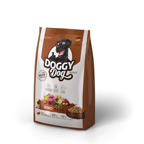 DOGGY Dog Rind Adult, 5 x 1 kg, Trockenfutter mit hohem Fleischanteil für ausgewachsene Hunde, getreidefreies Hundefutter mit Lachsöl, Made in Germany