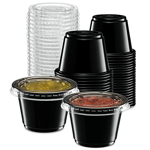Image of {2.5 oz - 100 Sets} Black Diposable Plastic Portion Cups With Lids, Small Mini Containers For Portion Controll, Jello Shots, Meal Prep, Sauce Cups, Slime, Condiments, Medicine, Dressings, Crafts,