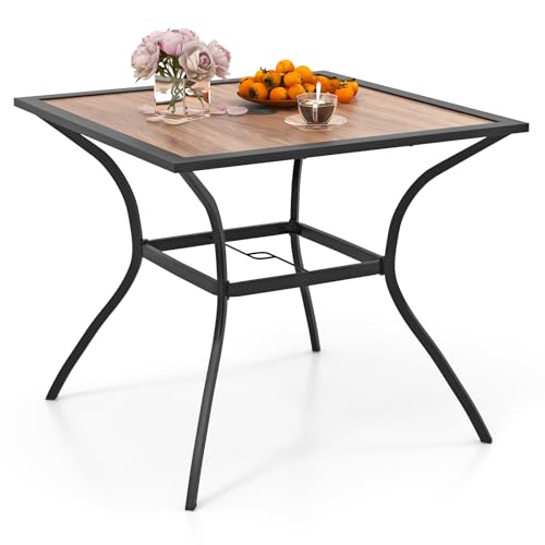 Image of Giantex Patio Table with Umbrella Hole, Outdoor Dining Table for 4 People with All Weather Resistant Tabletop, Metal Support Legs, Square Bistro Table for Porch Deck Garden Backyard Poolside
