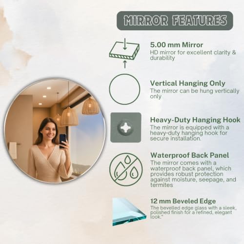 Image of 24x24 Inch Frameless Round Mirror for Wall /Beveled Glass with Smooth Edges /Mirror for Bathroom /Bedroom /Living Room /Entryway /Dressing Room /Unframed Decorative Mirror | BM2424A8