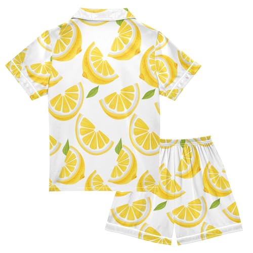 ALAZA Yellow Lemon Leaf Fruit Pajamas Satin Pajama Set Short Sleeve Button Down Sleepwear2