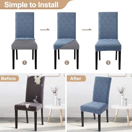 Image of SearchI Dining Room Chair Covers Set of 4, Stretch Jacquard Parsons Chair Slipcovers Spandex Removable Washable Kitchen Chair Protector Cover for Dining Room, Hotel, Ceremony (Gray-Blue Geometric)