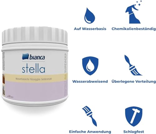 Bianca Stella Wasserbasiert Seidenmatt Flüssigglas 500ml - Stärker Klarlack, Farblose Versiegelung für Holz, Metall & Fliesen, Bietet Extra Schutzschicht auf Fliesenfarbe, Möbelfarbe & Holzoberflächen