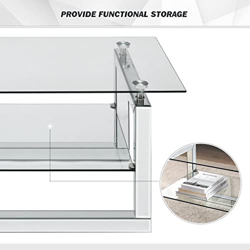 Mirrored Glass Coffee Table, 2 Tier Tempered Glass End Table With Sturdy Sled Legs, Modern Accent Rectangle Table For Living Room Home Office, Clear #TOP4