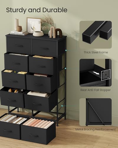 Image of SONGMICS BELLAH Collection - Dresser for Bedroom, Chest of Drawers, Storage Organizer Unit, Closet, Entryway, Steel, 10 Drawers, Modern, Ink Black and Ebony Black ULGS125B01S