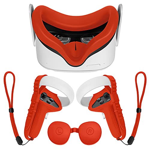 TOMSIN Touch Controller Grip Cover for Oculus Quest 2 with Silicone Face Cover, Protective Lens Cover, Silicone Handle Strap Combo, Sweatproof Lightproof Anti-Throw Accessories Set (Red)