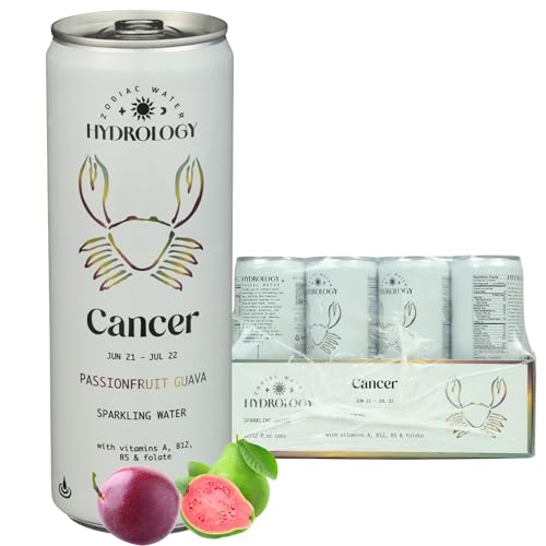 Hydrology Zodiac Water - Cancer Passionfruit Guava - Organically Flavored Social Sparkling Water with unique Vitamins and Minerals tailored to the Cancer Zodiac Sign, Astrology Drink for Birthday Gift (12-Pack, Cancer - Passionfruit Guava)