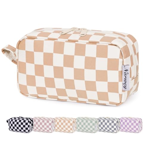 Image of Narwey Small Checkered Makeup Bag for Purse Mini Cosmetic Bag Travel Makeup Pouch Zipper Pouch Cute Make up Bags with Organized Pockets for Women (Light Checkerboard, Small)
