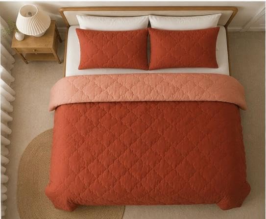 Reversible Quilted Comforter, Terracotta and Rust | Diamond Quilt Pattern Dual-Tone Design, Soft Fabric, Bedroom Bedding-image-26