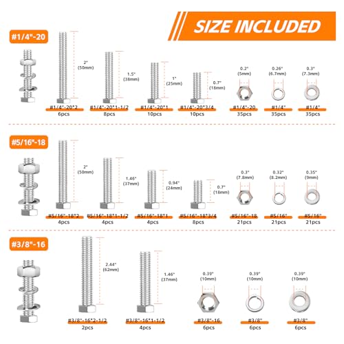 Stainless Steel Hex Head Nuts and Bolts Assortment Kit, 246PCS Bolt Assortment Kit 1/4-20, 5/16-18,3/8-16 Assorted Nuts Bolts and Flat & Spring Lock Washer Assortment with Storage Case - Image 3
