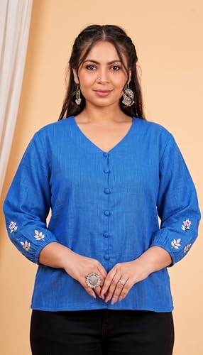 Image of Akiko Women's Plus Size Cotton Slub Fabric Top V-Neckline Embroidered Sleeves