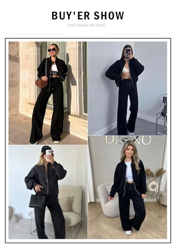 Aleumdr Women's 2 Piece Outfits Oversized Fleece Sweatsuit Zip Up Long Sleeve Sweatshirt with Wide Leg Sweatpants4