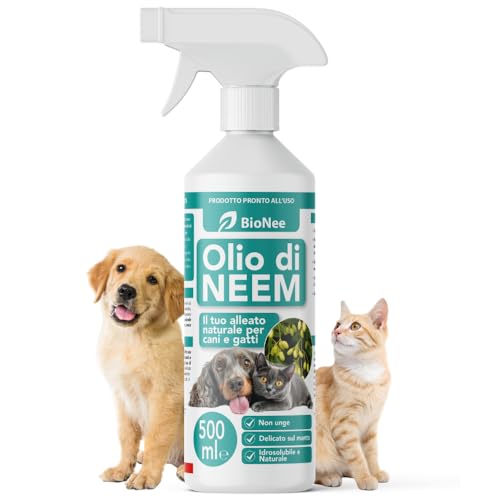 Olio di Neem per Cani e Gatti Spray 500 ml – Idrosolubile, Naturale, Non Unge – Azione Delicata, Effetto Barriera Sgradito a Zecche Pulci Zanzare Insetti