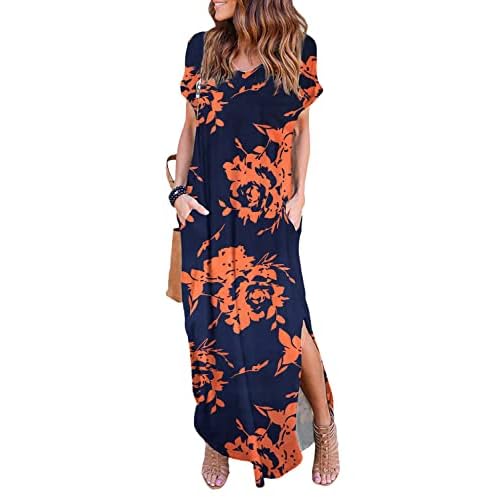 Arolina Women Summer Maxi Dress Short Sleeve V Neck Casual Loose Long Split Dresses Beach Vacation Sundress with Pockets Bluegold Flower Small