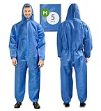 AMZ Medical Supply Blue Disposable Coveralls with Hood, Medium Size. Pack of 5 Hazmat Suits Disposable with Front Zip, Elastic Wrists & Ankles. 50 GSM SMS Painters Coveralls. Waterproof Paint Suit