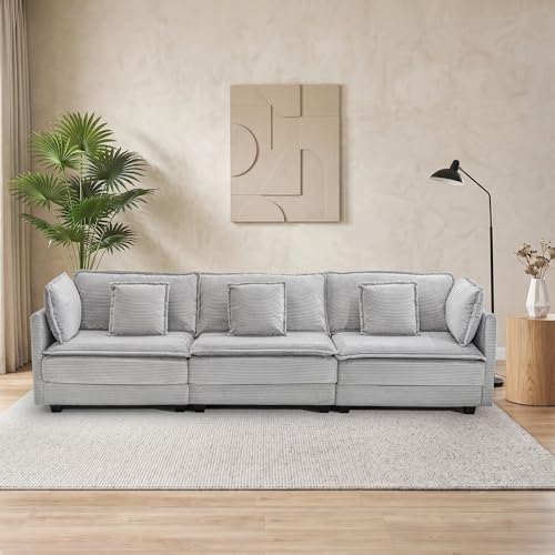 Image of Corduroy Sectional Couch, 3 Seater 113 inch Cloud Couch, Modular Deep Seat Sofa with Pillows for Living Room, Apartment, Lightgrey