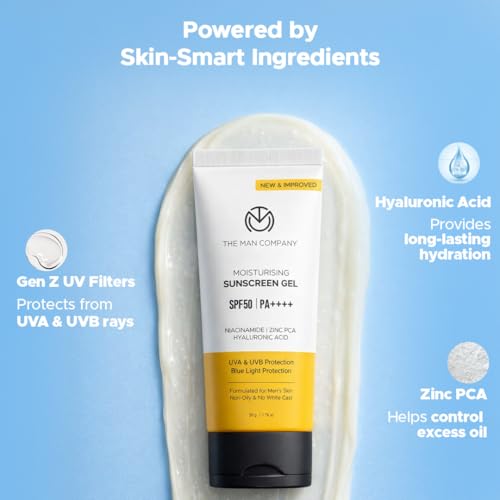 Image of The Man Company Moisturising Sunscreen Gel for Men | SPF50 PA++++ | Broad Spectrum UVA UVB Protection | For Oily, Dry & Normal Skin| Bluelight Protection | New Gen UV Filters | No White Cast | Non-Greasy and Lightweight | Hydrating| 50g