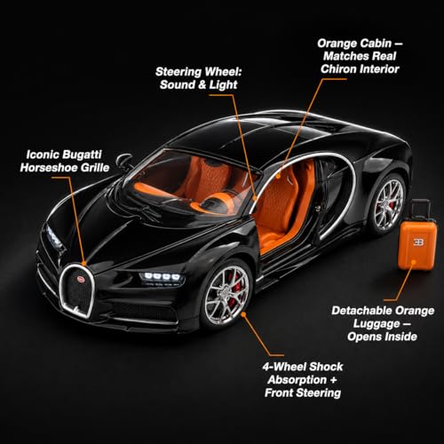 Image of Bugatti Chiron 1:24 Scale Die-Cast Car Model Black - Detachable Luggage Steering Wheel Sound Light Pull-Back Alloy Hypercar Collectible Toy