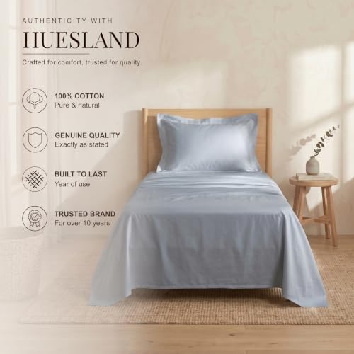 Image of HUESLAND Premium 300 TC Pure Cotton Sateen Weave Single Bed Bedsheet with 2 Pillow Covers Included | Greyish Blue | 88 x 55 inches