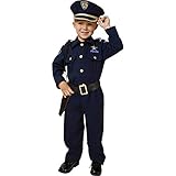 Dress Up America Disfraz de policía de para niños: el juego incluye camisa, pantalones, sombrero, cinturón, silbato, funda de pistola y juego de policía de Walkie Talkie