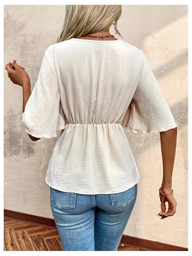 OYOANGLE Women's Textured Wrap V Neck Ruffle Short Sleeve Ruched Blouse Tie Front Tunic Tops2