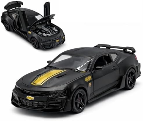 Miniatura Camaro Bumblebee Escala 1/32, Carrinho de Ferro com Fricção e Faróis Acendem (Preto)