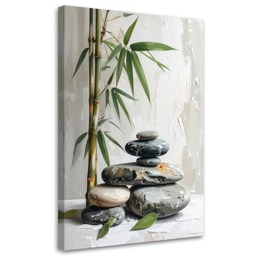 Feeby - Impression sur Toile - Chambre Salon - Pierres zen spa feuilles de bambou beiges - 20x30 1partie - Tableau Mural Intissé - Peintures sur Toile pour la...